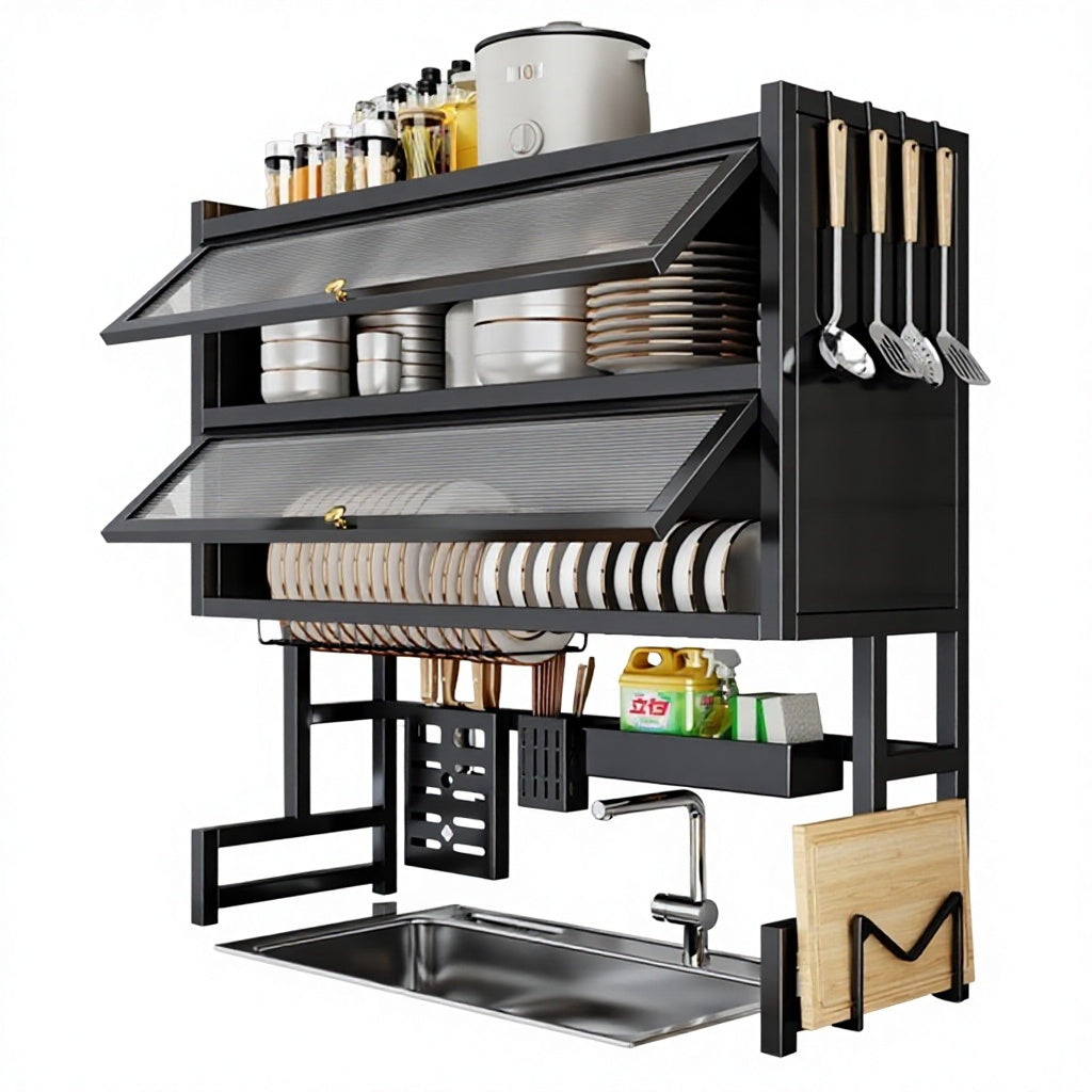 Étagère de rangement pour évier de cuisine en métal anti-poussière pour vaisselle